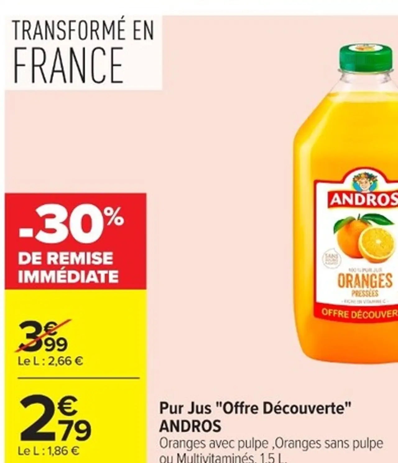 Pur Jus "Offre Découverte" ANDROS Oranges avec pulpe, Oranges sans pulpe ou Multivitaminés