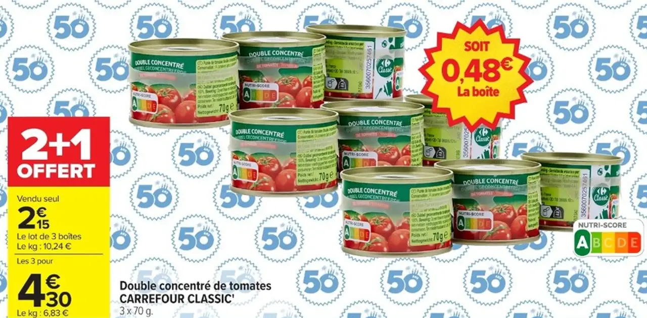 Double concentré de tomates CARREFOUR CLASSIC' 3 x 70 g