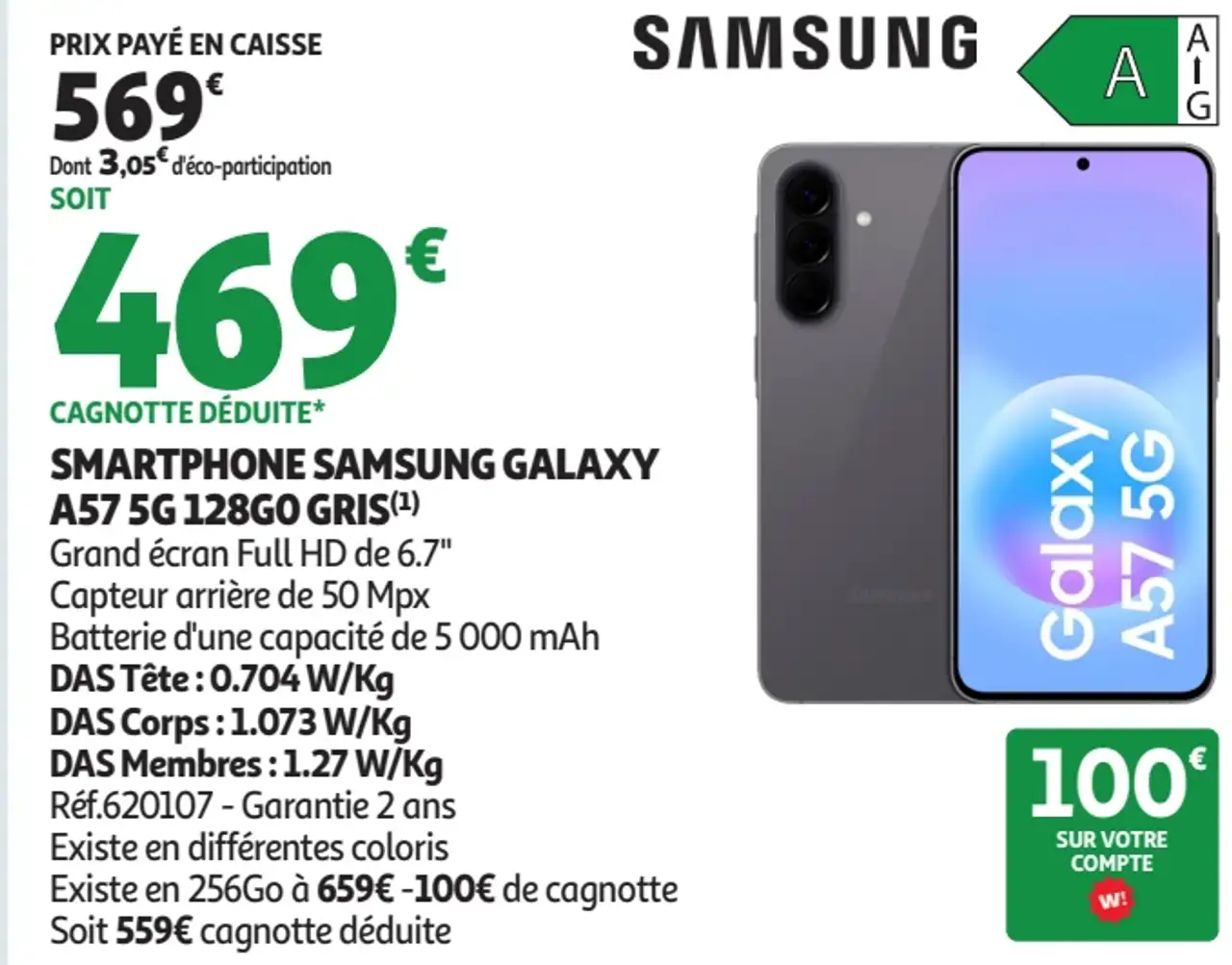 Smartphone Samsung Galaxy A57 5G 128Go Gris