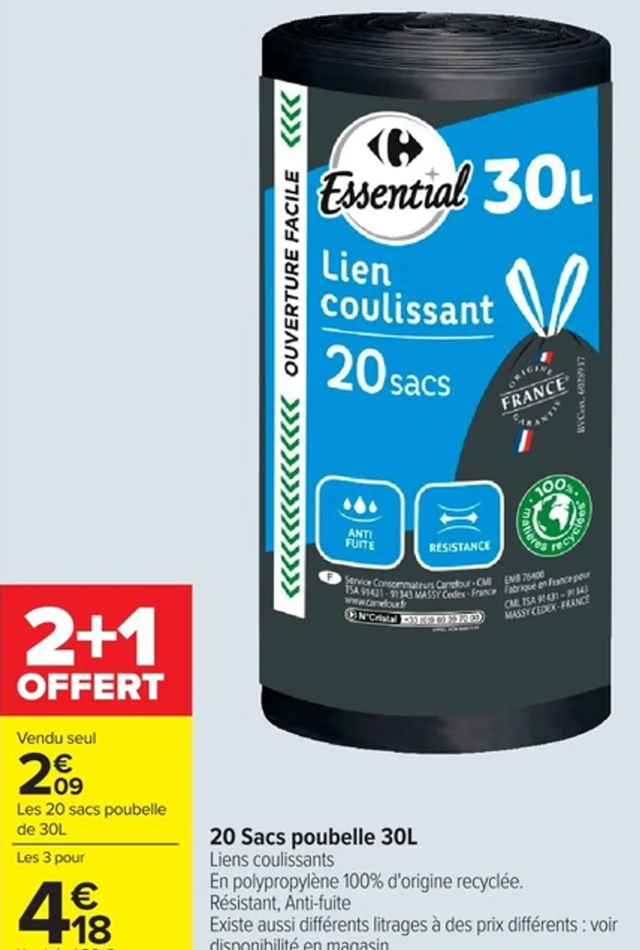 20 Sacs poubelle 30L Carrefour Essential