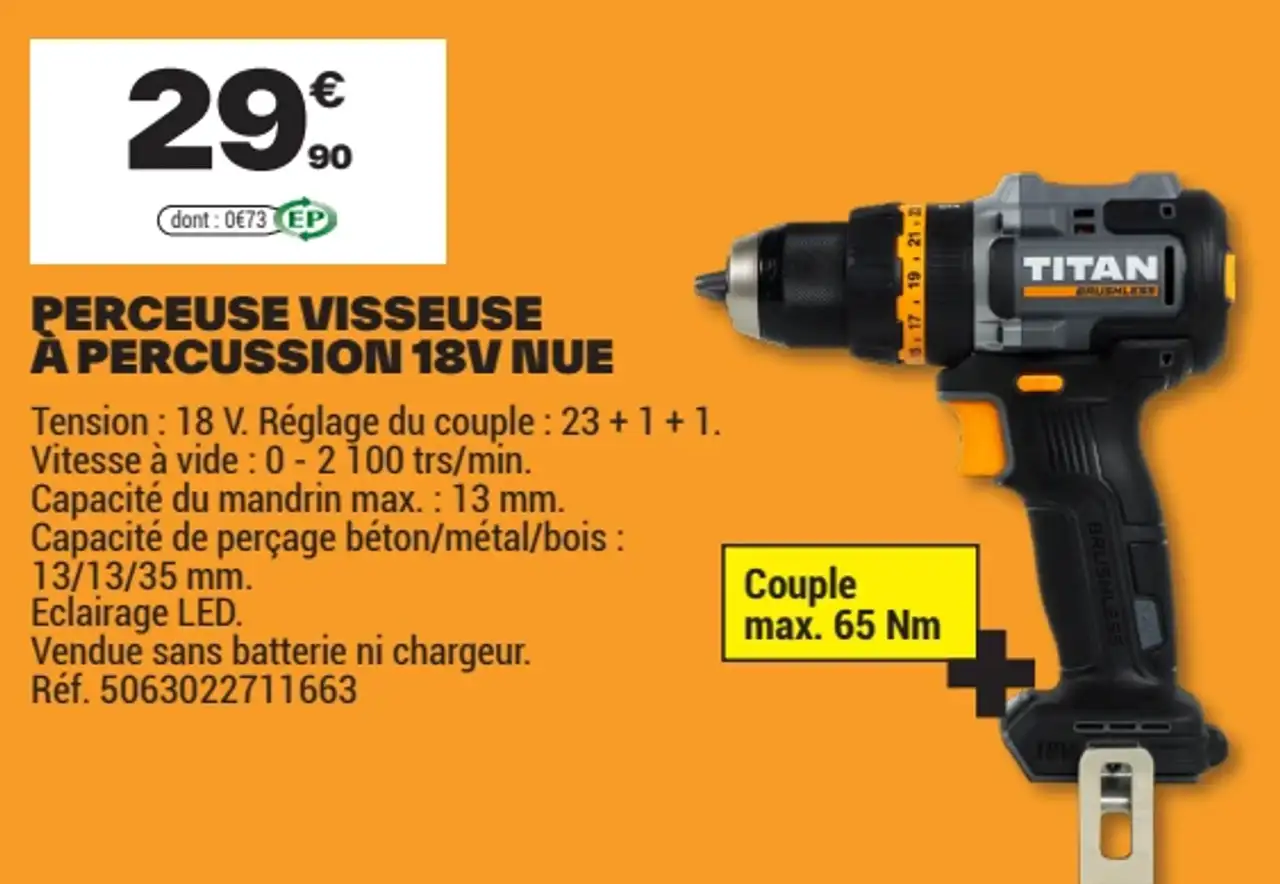 Perceuse visseuse à percussion 18V nue Titan