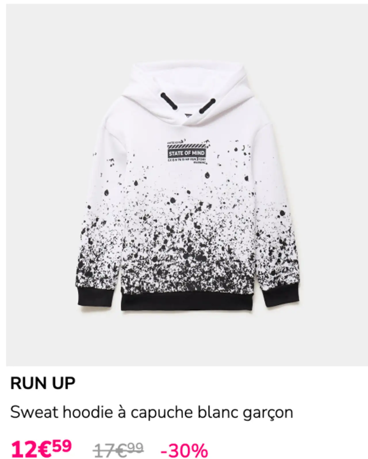 Sweat hoodie à capuche blanc garçon RUN UP