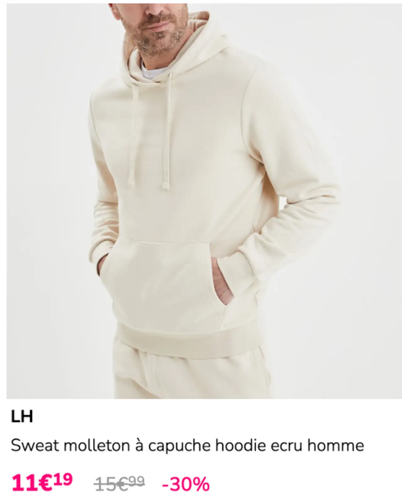 Sweat molleton à capuche hoodie ecru homme LH
