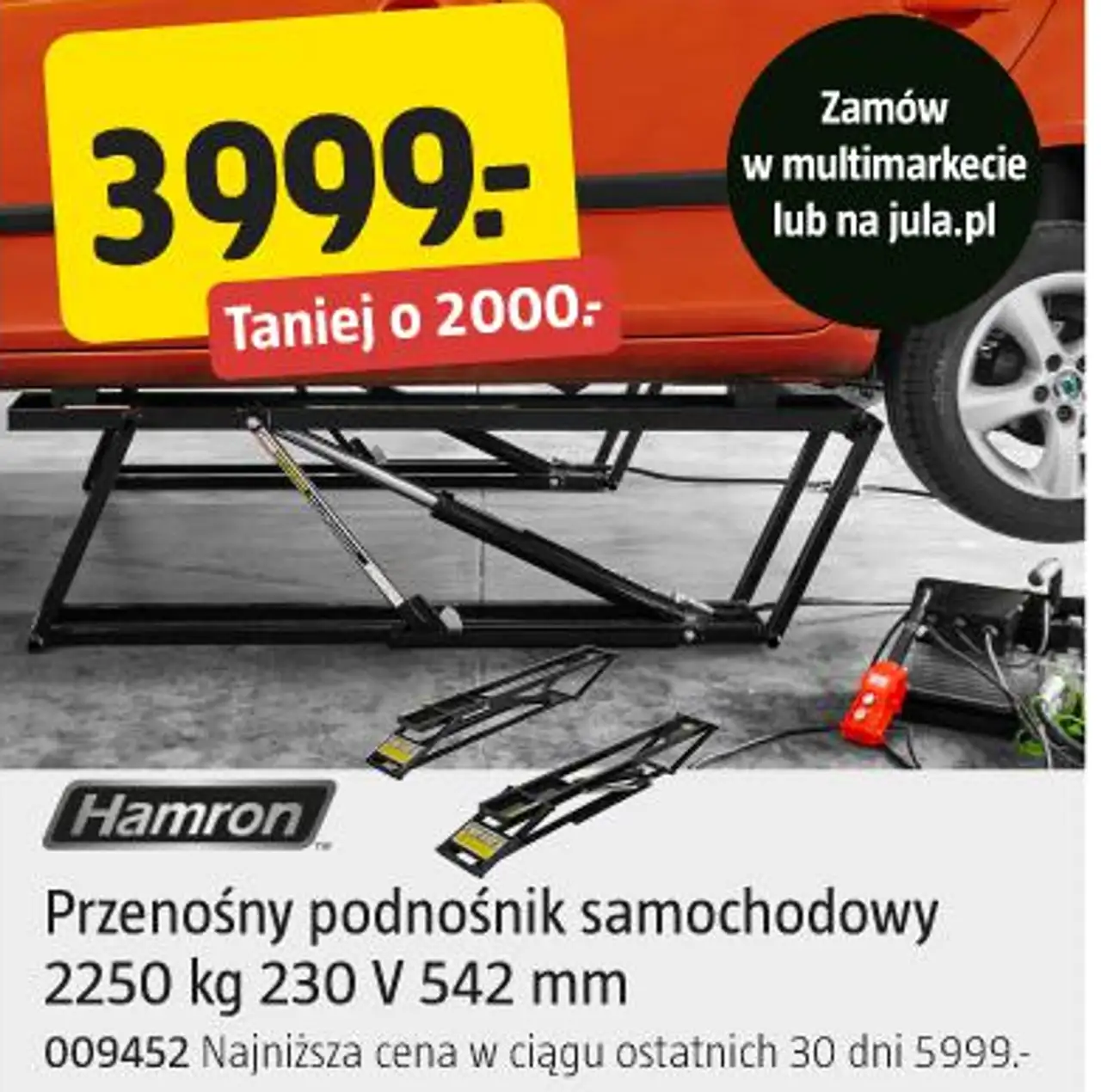 Przenośny podnośnik samochodowy 2250 kg 230 V 542 mm