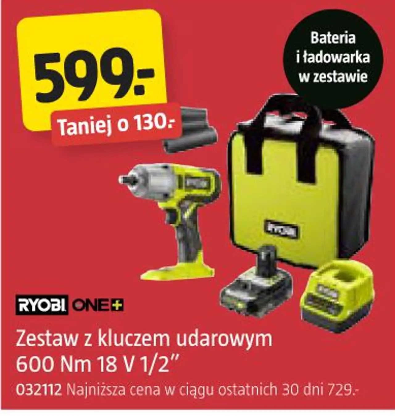 RYOBI Zestaw z kluczem udarowym 600 Nm 18 V 1/2"