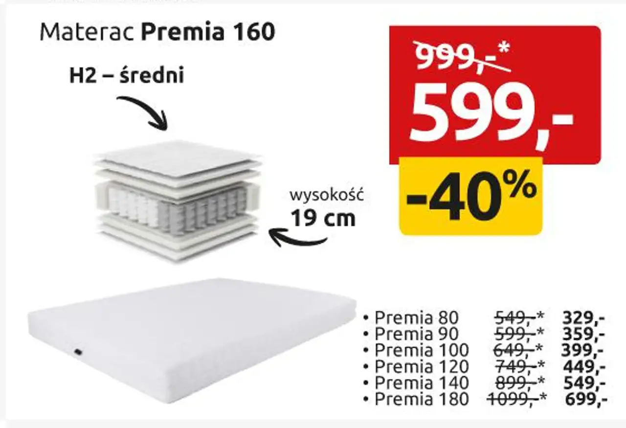 Materac sprężynowy kieszeniowy Premia 160x200 H2