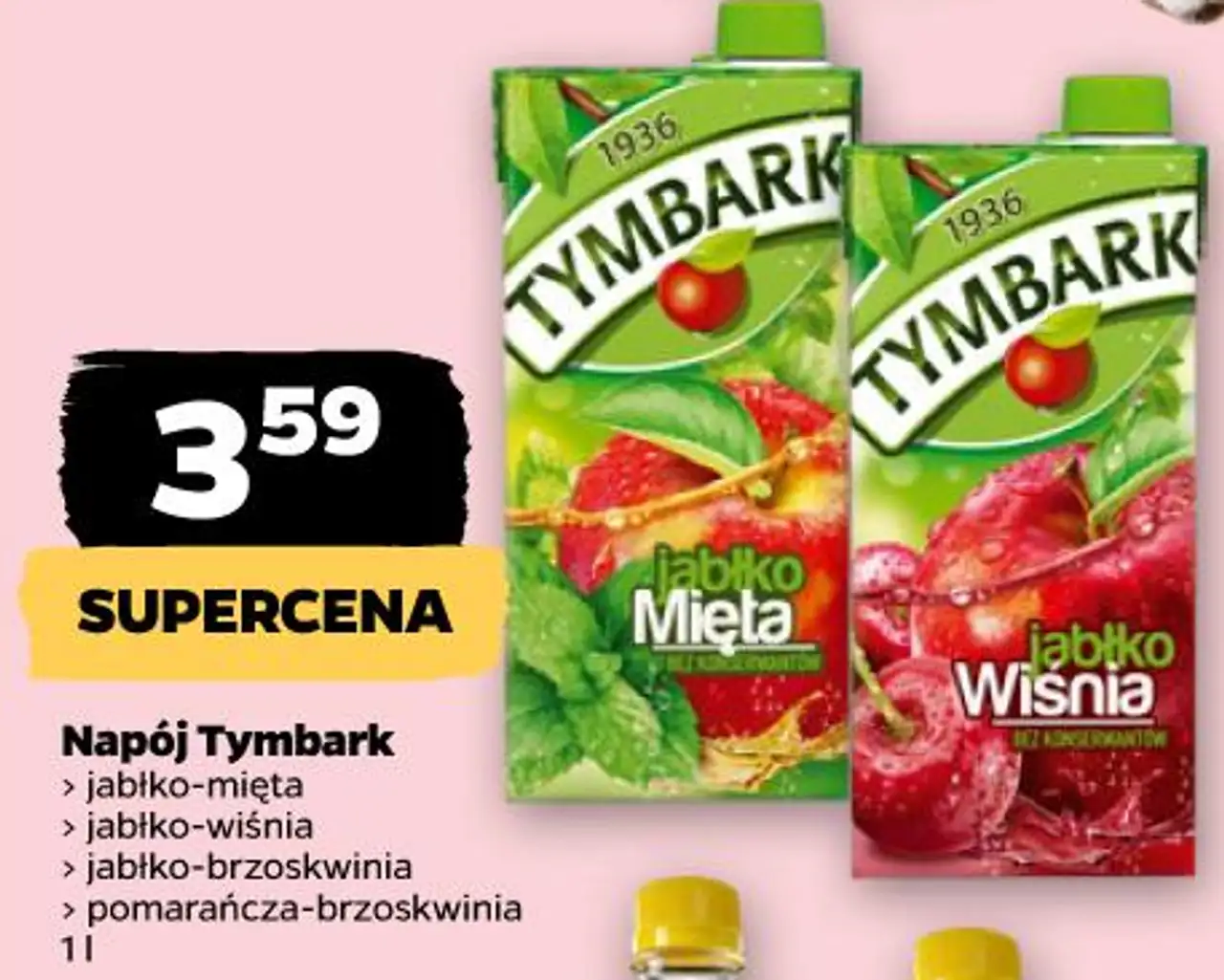 Napój Tymbark (jabłko-mięta, jabłko-wiśnia, jabłko-brzoskwinia, pomarańcza-brzoskwinia) 1 l
