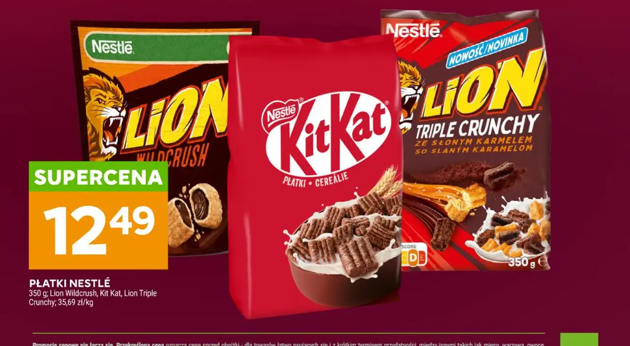 PŁATKI NESTLÉ 350 g; Lion Wildcrush, Kit Kat, Lion Triple Crunchy