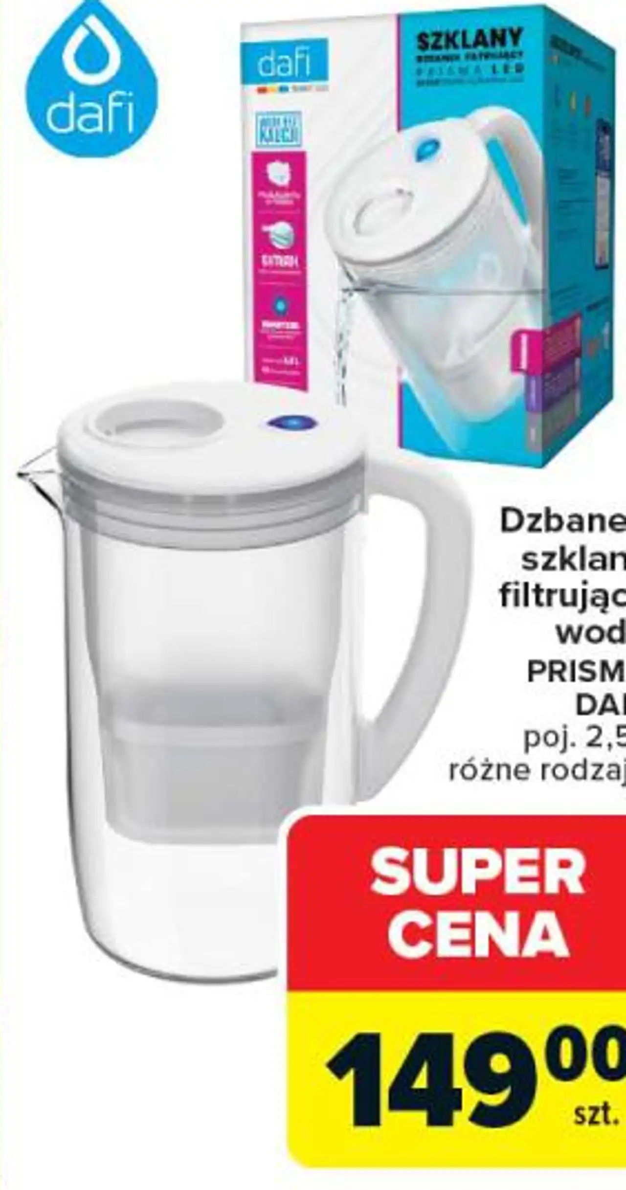 Dzbanek szklany filtrujący wodę PRISMA DAFI poj. 2,5 l różne rodzaje