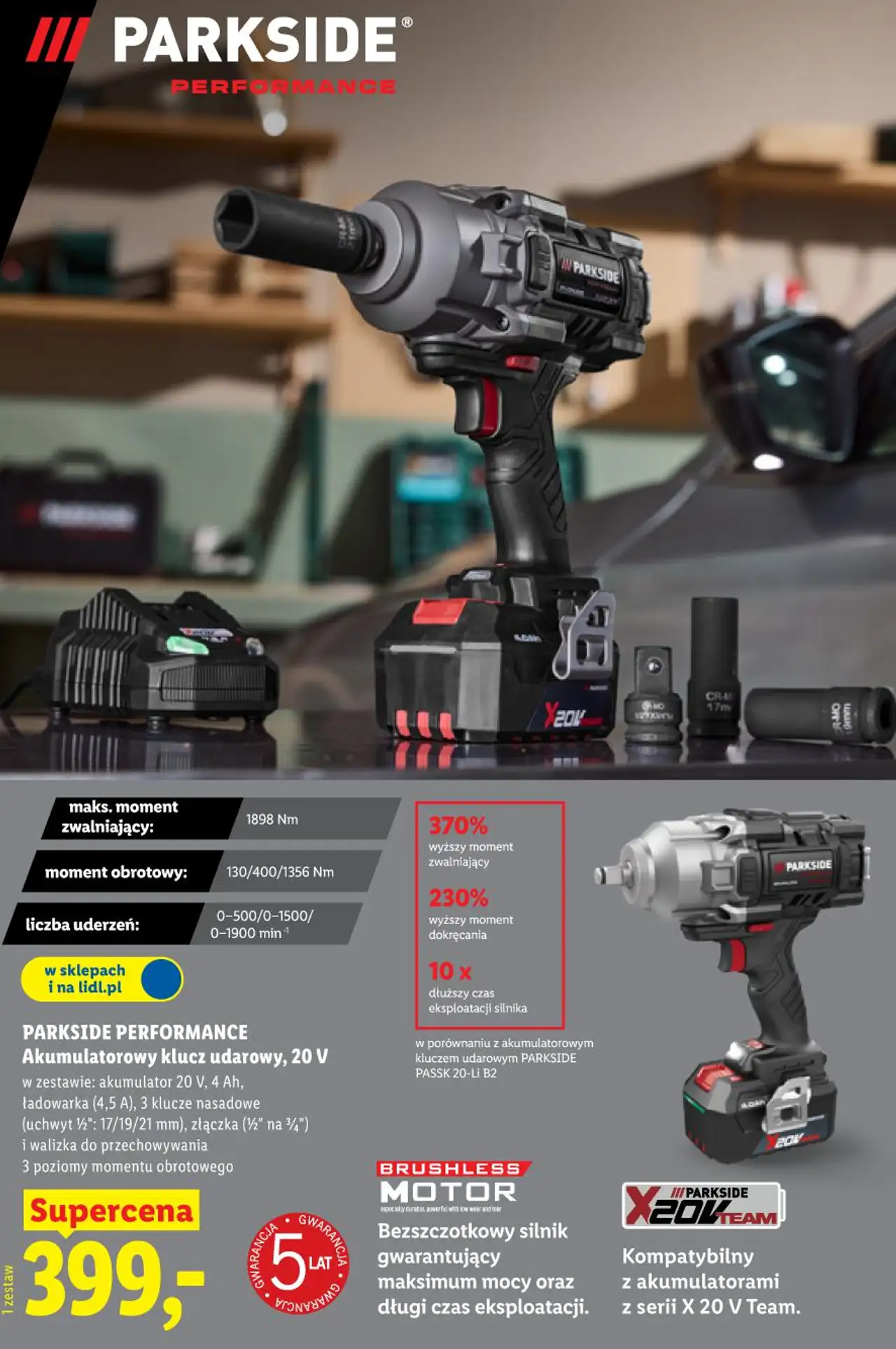 Akumulatorowy klucz udarowy, 20 V PARKSIDE PERFORMANCE