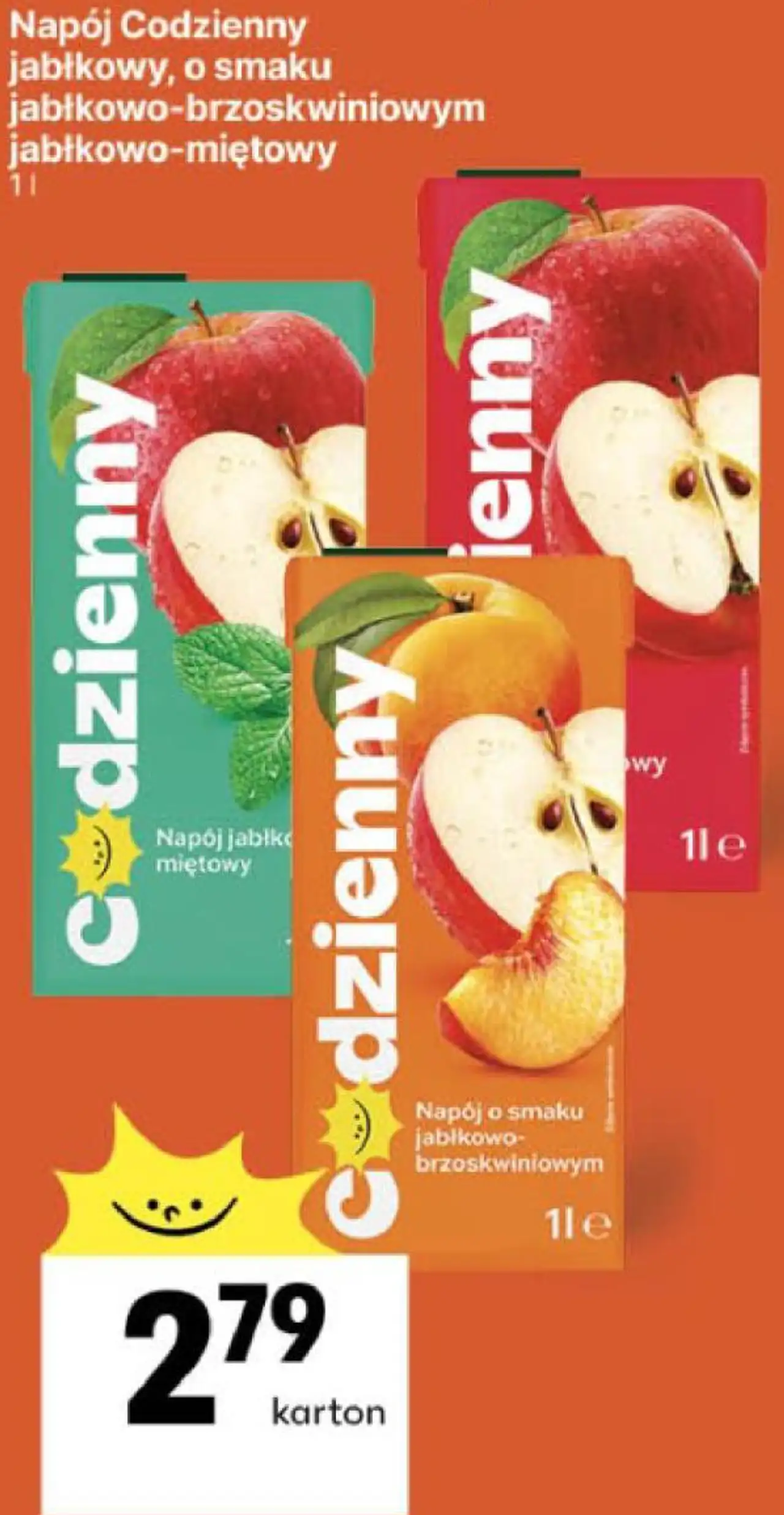 Napój Codzienny jabłkowy, o smaku jabłkowo-brzoskwiniowym jabłkowo-miętowy