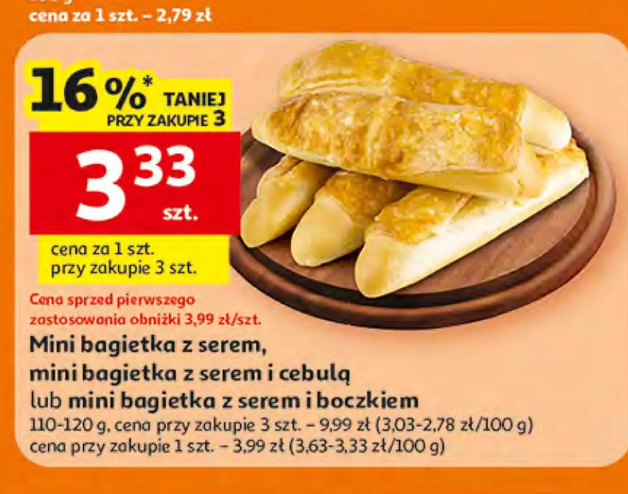 Mini bagietka z serem, mini bagietka z serem i cebulą lub mini bagietka z serem i boczkiem