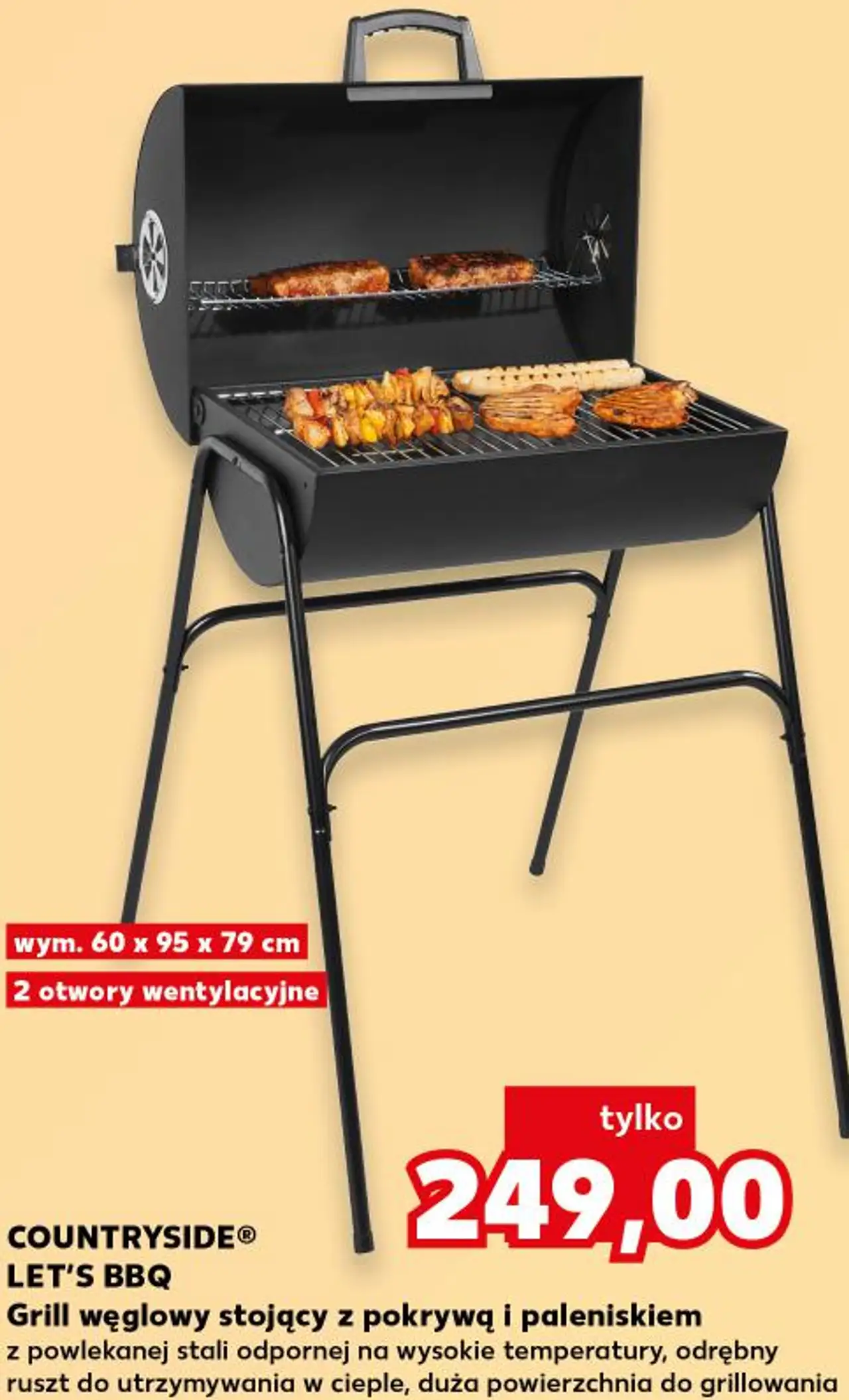 COUNTRYSIDE® LET'S BBQ Grill węglowy stojący z pokrywą i paleniskiem