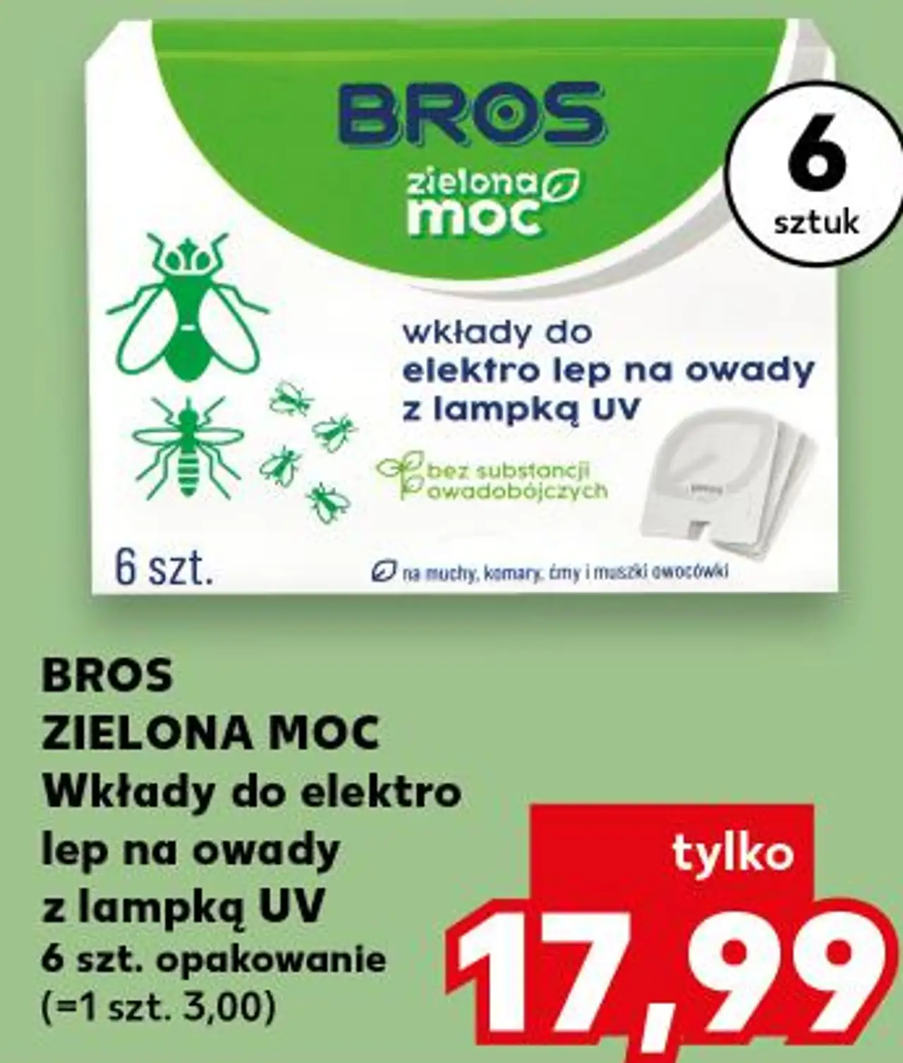 BROS ZIELONA MOC Wkłady do elektro lep na owady z lampką UV 6 szt.