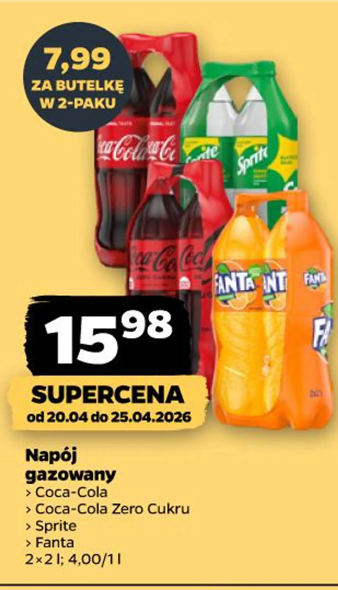 Napój gazowany Coca-Cola, Coca-Cola Zero Cukru, Sprite, Fanta 2 x 2 l