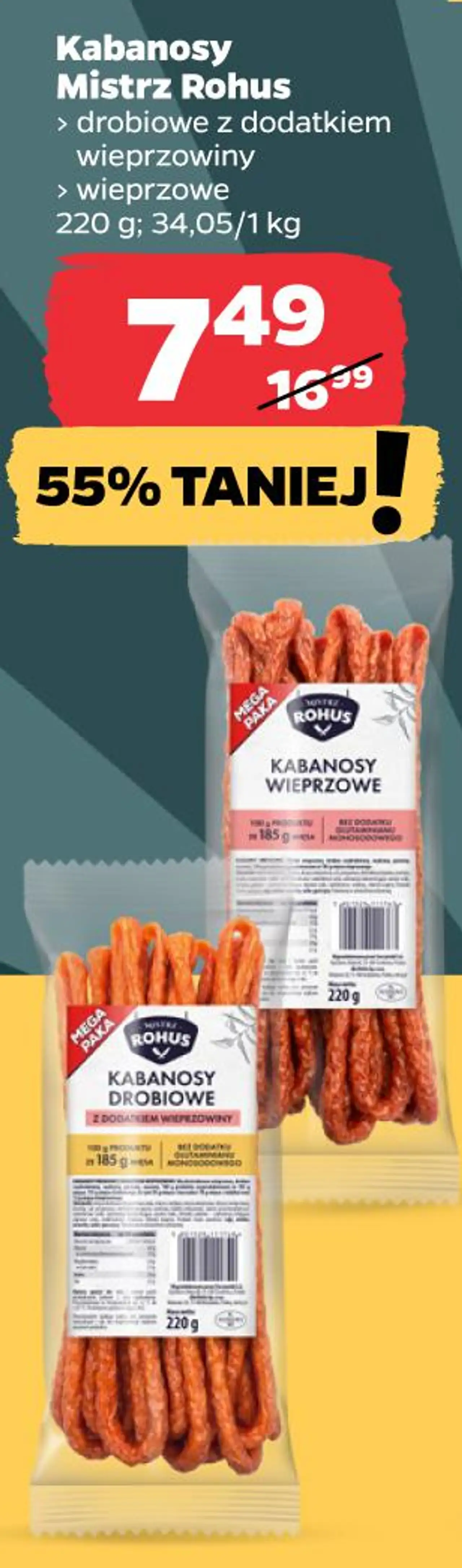 Kabanosy Mistrz Rohus drobiowe z dodatkiem wieprzowiny / wieprzowe 220 g