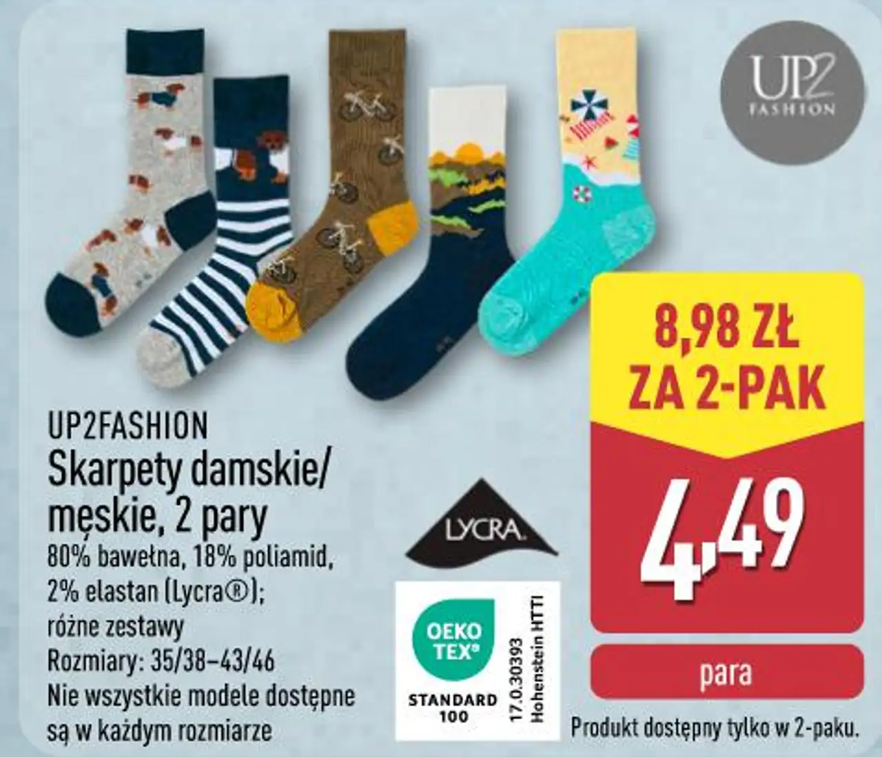 UP2FASHION Skarpety damskie/męskie, 2 pary