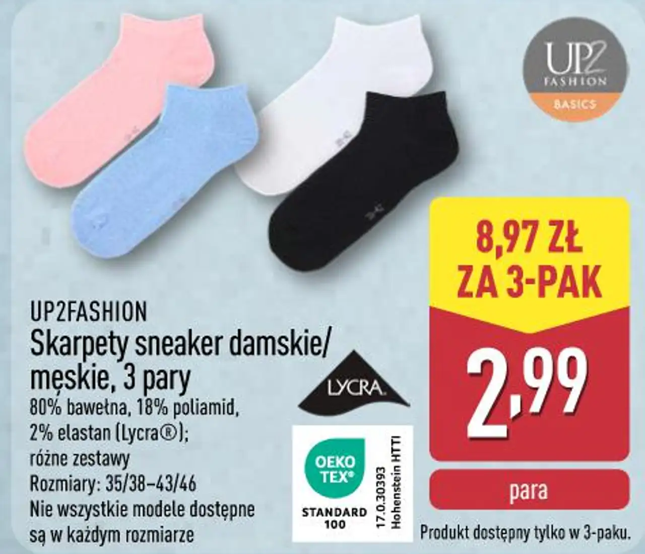 UP2FASHION Skarpety sneaker damskie/męskie, 3 pary