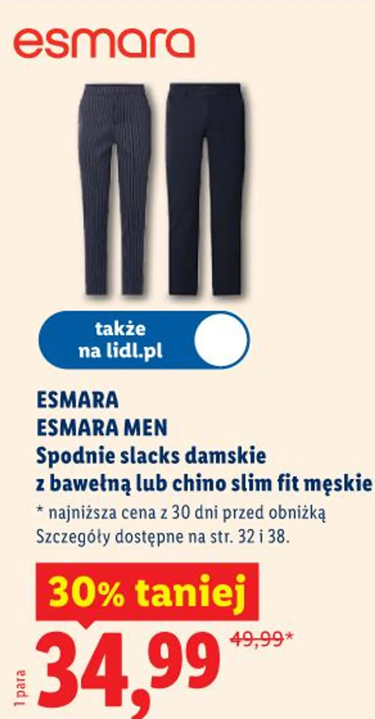 Esmara Esmara Men Spodnie slacks damskie z bawełną lub chino slim fit męskie