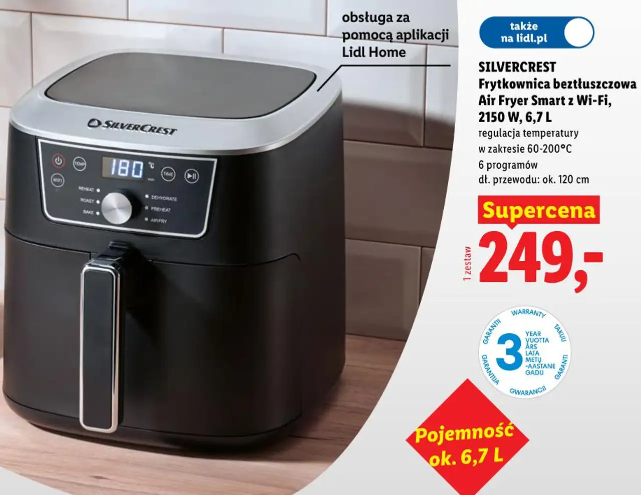 Frytkownica beztłuszczowa Air Fryer Smart z Wi-Fi, 2150 W, 6,7 L