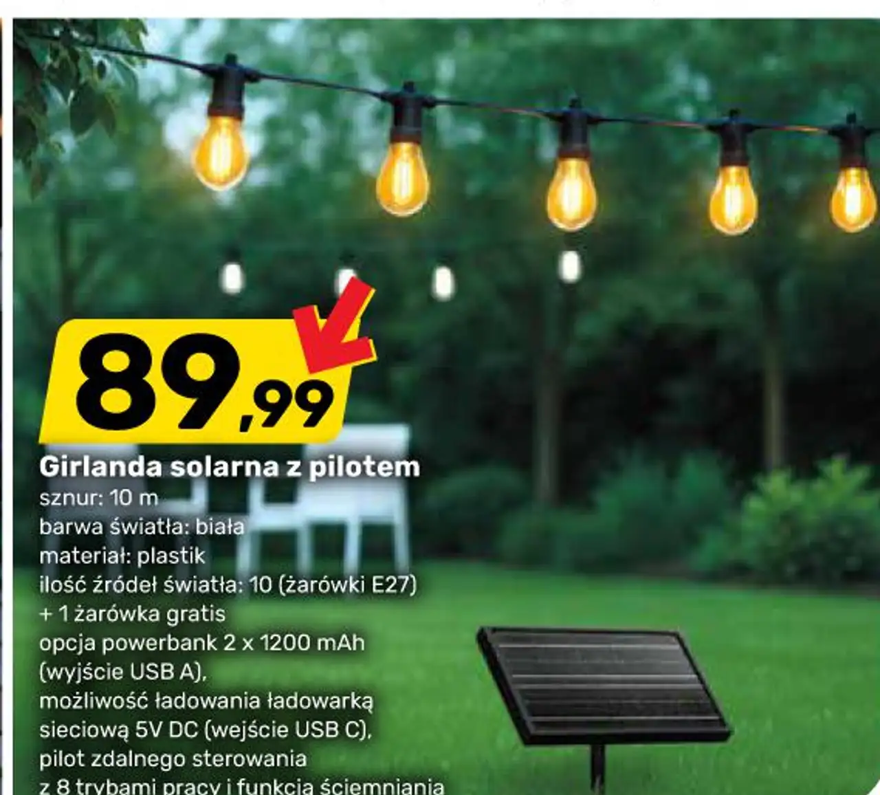 Girlanda solarna z pilotem sznur : 10 m barwa światła : biała materiał : plastik ilość źródeł światła : 10 ( żarówki e27 ) + 1 żarówka gratis opcja powerbank 2 x 1200 mah ( wyjście usb a ) , możliwość ładowania ładowarką sieciową 5v dc ( wejście u...