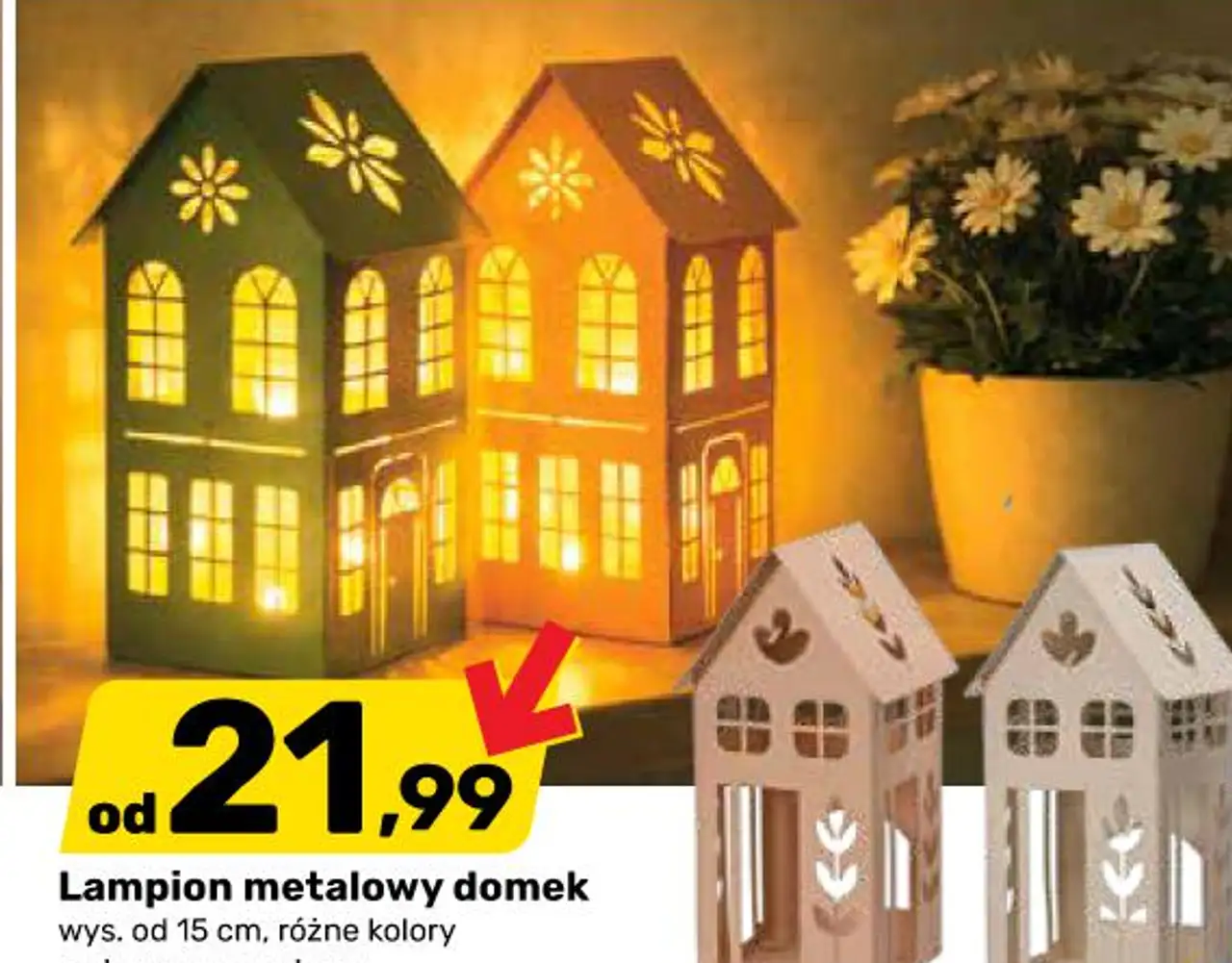 Lampion metalowy domek wys. od 15 cm, różne kolory malowany proszkowo