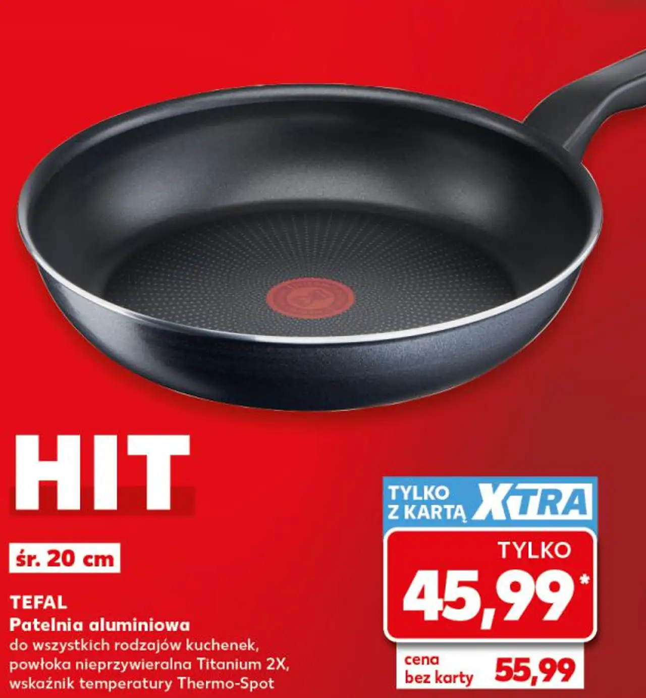 TEFAL Patelnia aluminiowa do wszystkich rodzajów kuchenek, powłoka nieprzywieralna Titanium 2X, wskaźnik temperatury Thermo-Spot śr. 20 cm