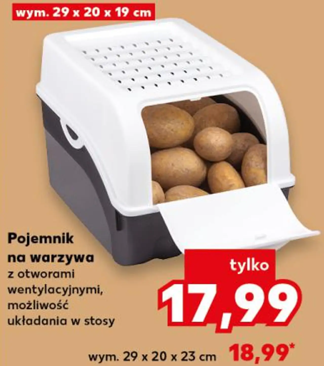 Pojemnik na warzywa z otworami wentylacyjnymi, możliwość układania w stosy