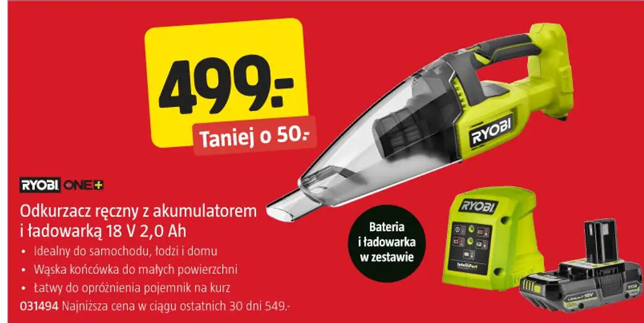 Odkurzacz ręczny z akumulatorem i ładowarką 18 V 2,0 Ah RYOBI ONE+