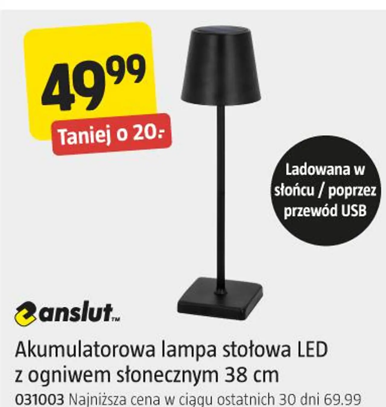 Akumulatorowa lampa stołowa LED z ogniwem słonecznym 38 cm anslut