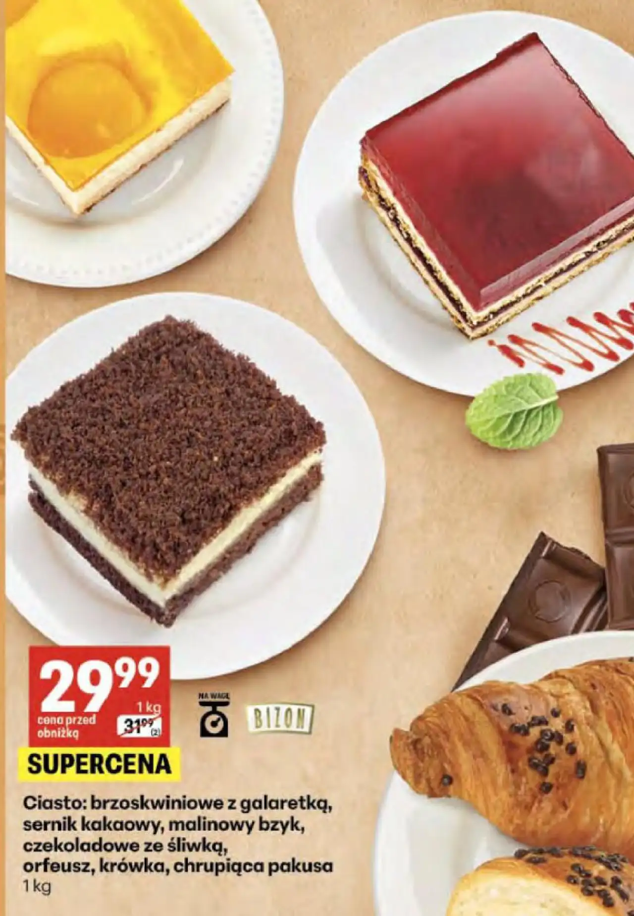 Ciasto: brzoskwiniowe z galaretką, sernik kakaowy, malinowy bzyk, czekoladowe ze śliwką, orfeusz, krówka, chrupiąca pakusa