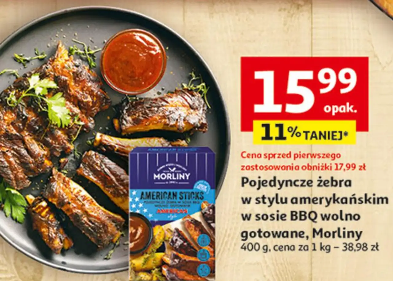 Pojedyncze żebra w stylu amerykańskim w sosie BBQ wolno gotowane, Morliny 400 g