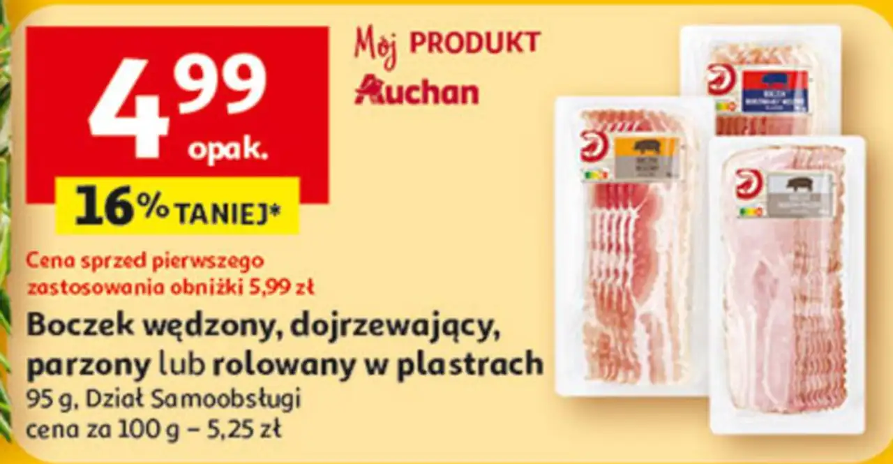 Boczek wędzony, dojrzewający, parzony lub rolowany w plastrach