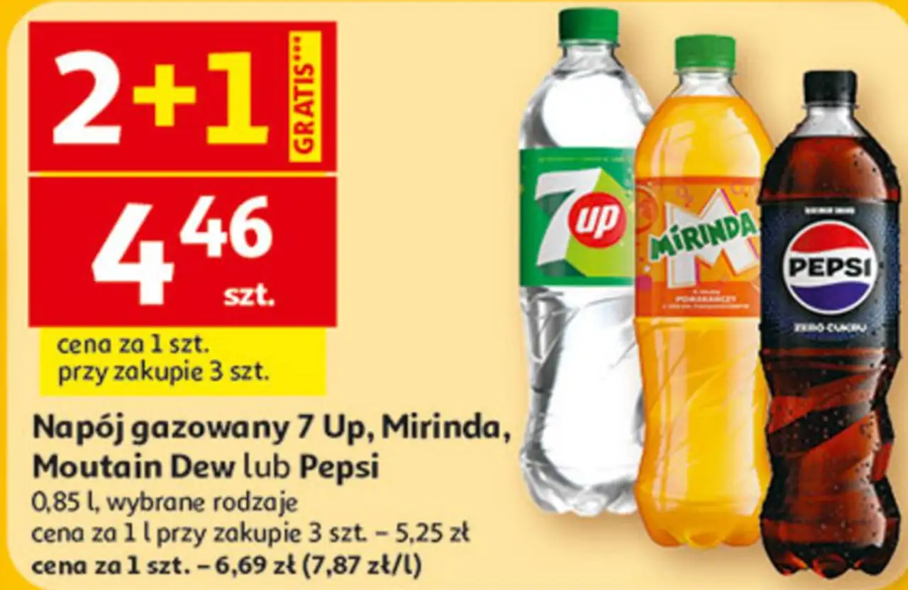 Napój gazowany 7 Up, Mirinda, Moutain Dew lub Pepsi 0,85 l, wybrane rodzaje