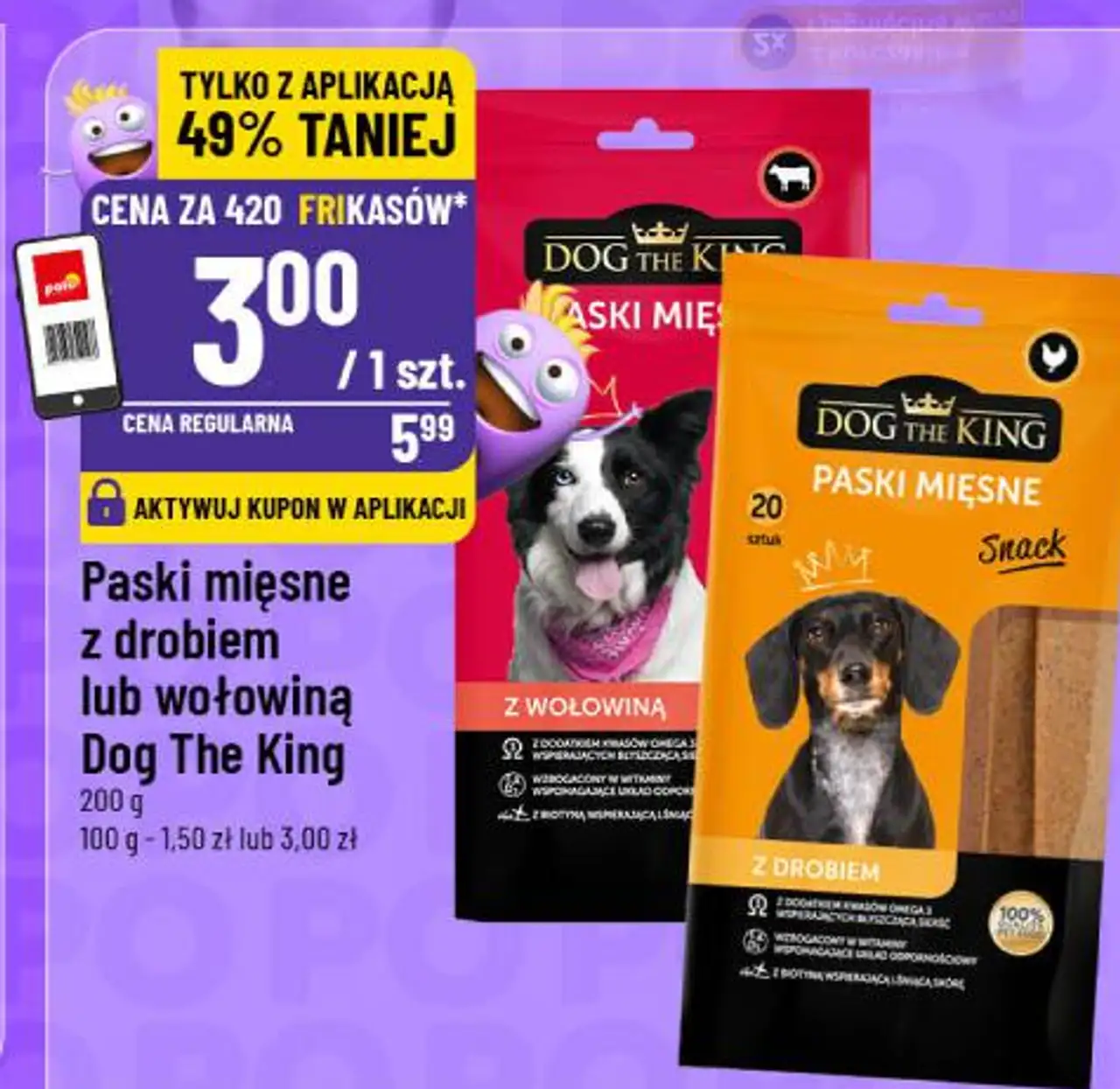 Paski mięsne z drobiem lub wołowiną Dog The King 200 g