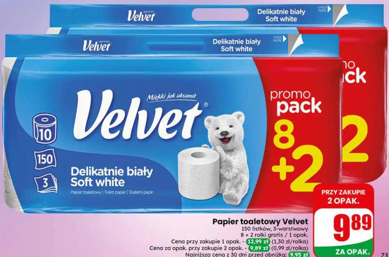Papier toaletowy Velvet 150 listków, 3-warstwowy 8 + 2 rolki gratis / 1 opak.