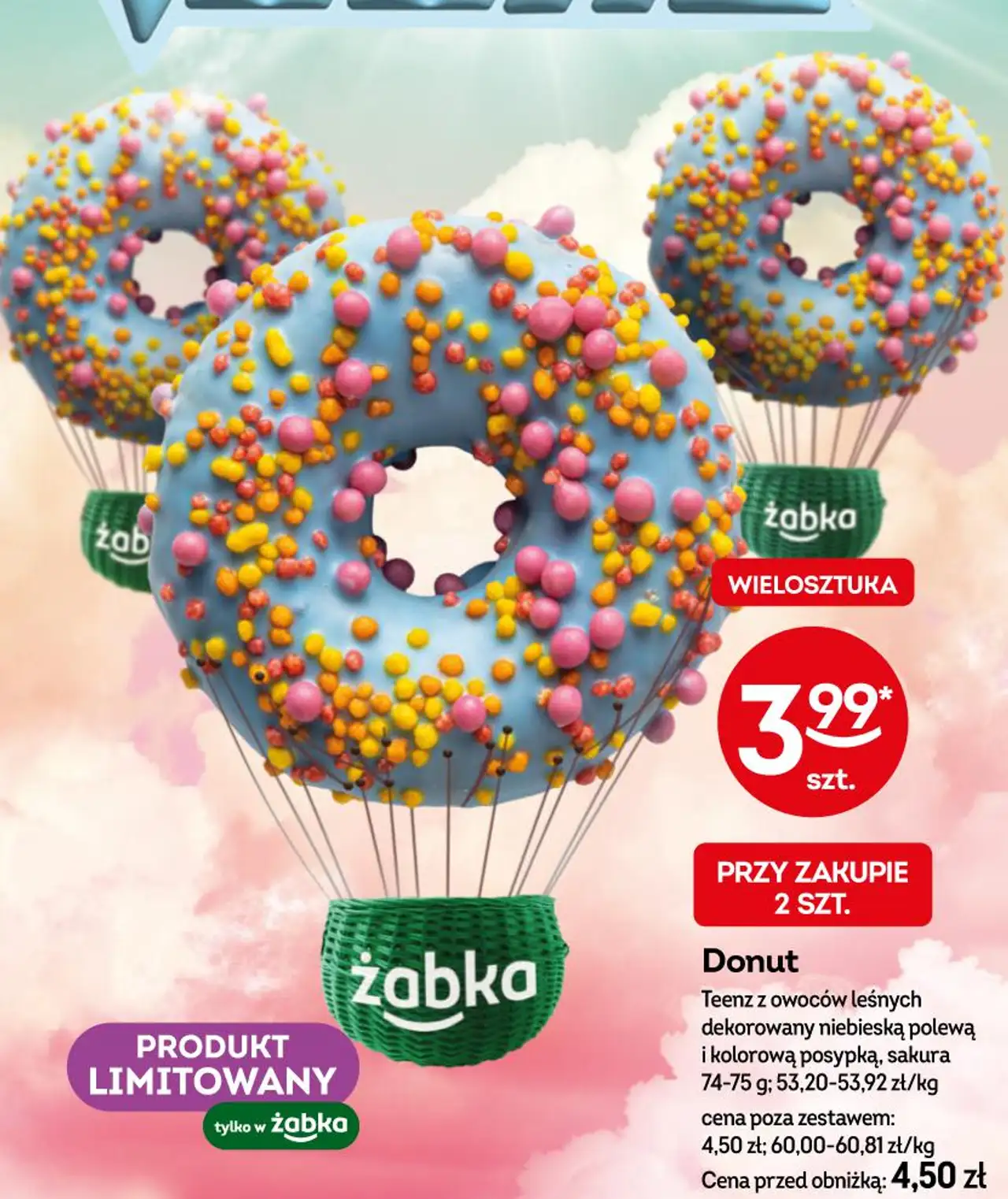 Donut Teenz z owoców leśnych dekorowany niebieską polewą i kolorową posypką, sakura