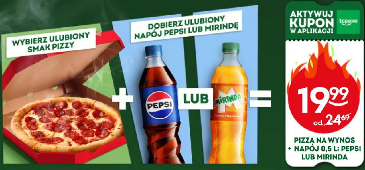 PIZZA NA WYNOS + NAPÓJ 0,5 L: PEPSI LUB MIRINDA