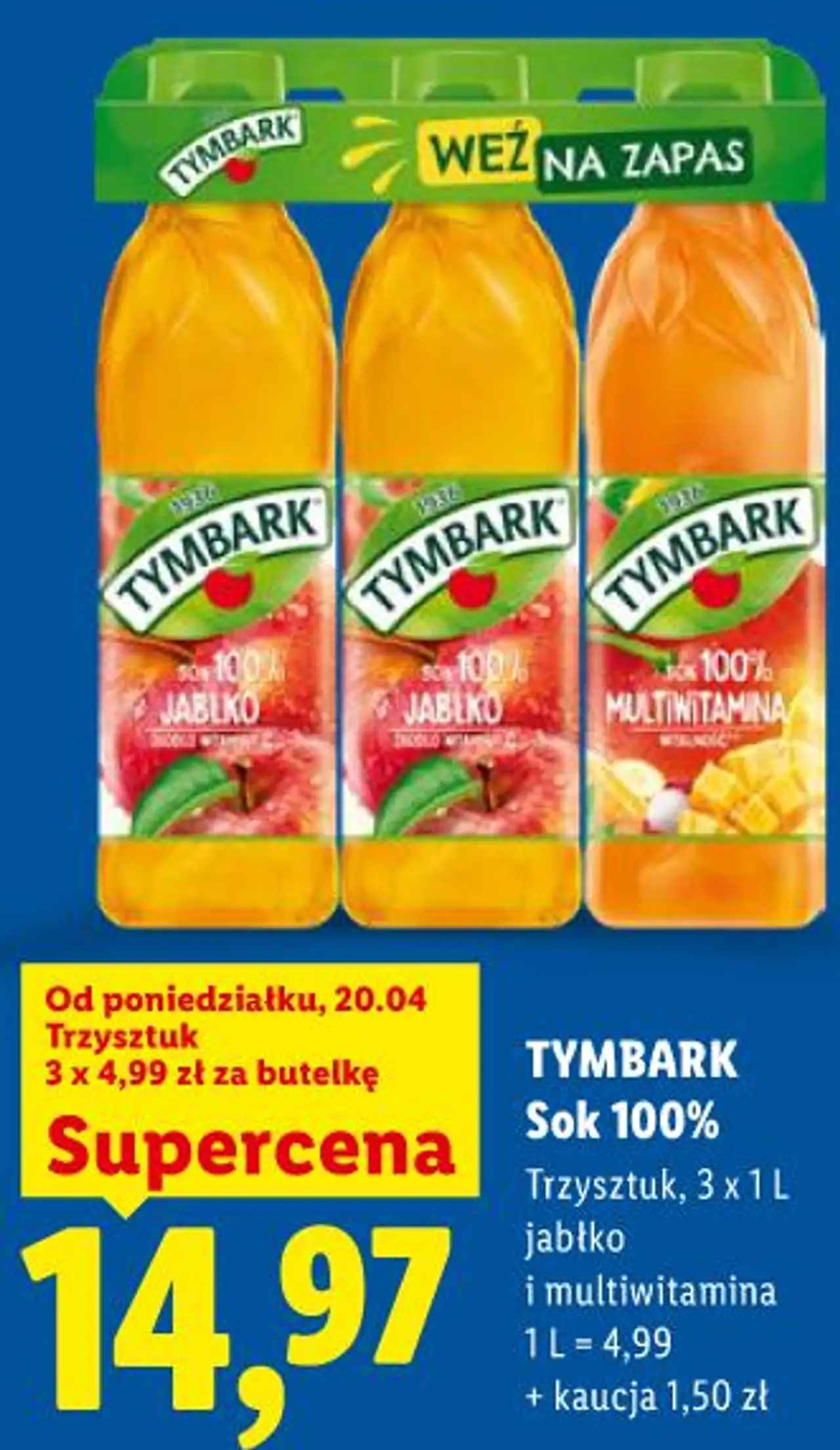 TYMBARK Sok 100% Trzysztuk, 3 x 1 L jabłko i multiwitamina