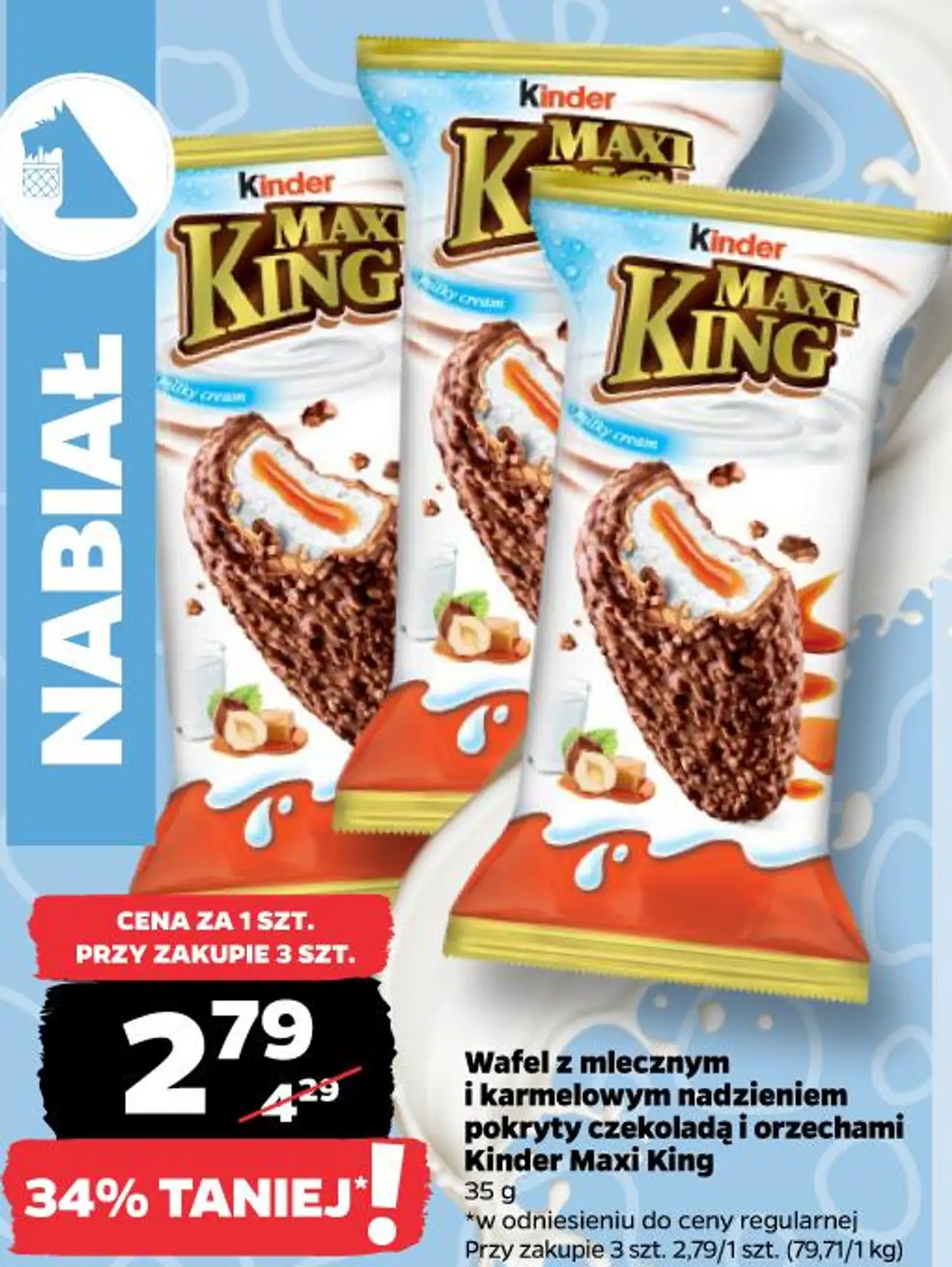 Wafel z mlecznym i karmelowym nadzieniem pokryty czekoladą i orzechami Kinder Maxi King