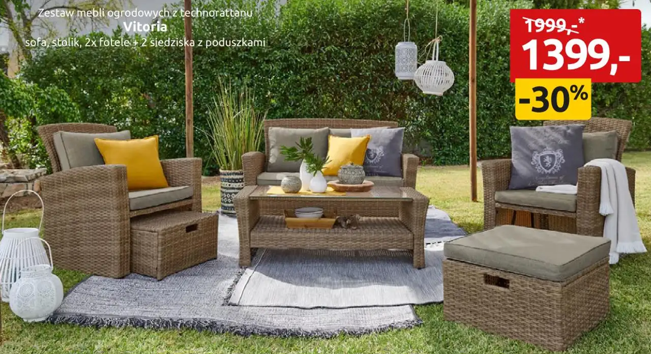 Zestaw mebli ogrodowych z technorattanu Vitoria sofa, stolik, 2x fotele + 2 siedziska z poduszkami