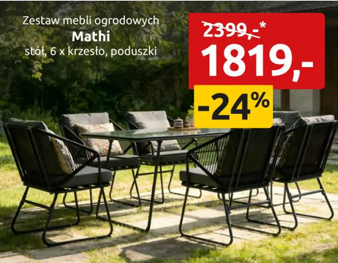 Zestaw mebli ogrodowych Mathi stół, 6 x krzesło, poduszki