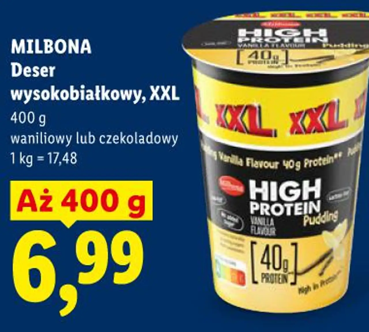 MILBONA Deser wysokobiałkowy, XXL 400 g waniliowy lub czekoladowy