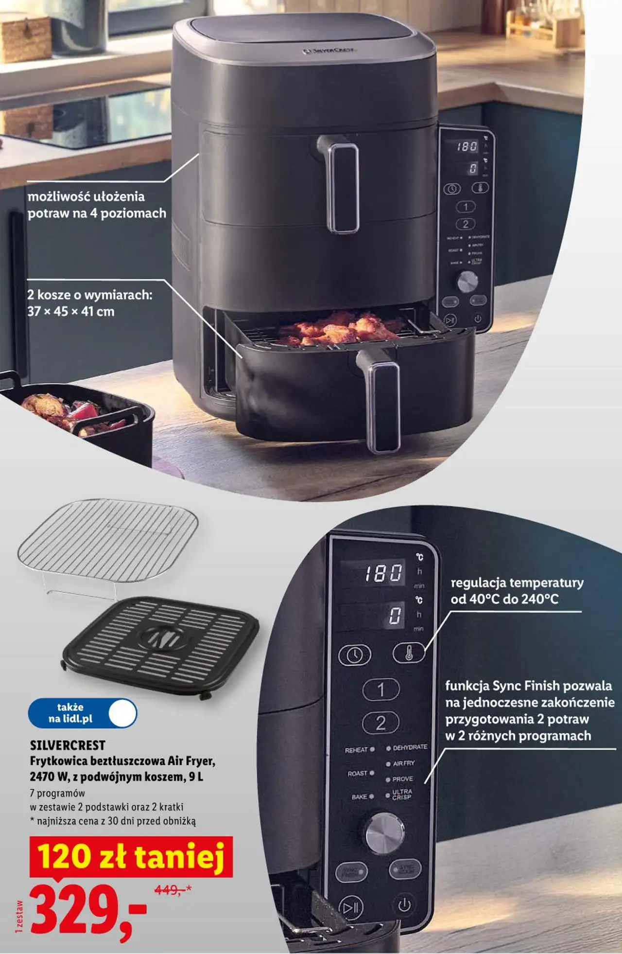 SILVERCREST Frytkownica beztłuszczowa Air Fryer, 2470 W, z podwójnym koszem, 9 L