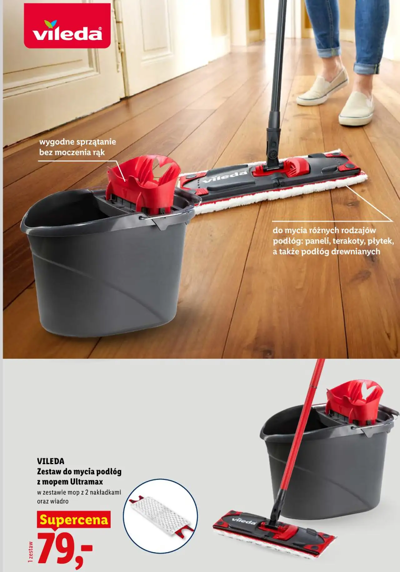 VILEDA Zestaw do mycia podłóg z mopem Ultramax w zestawie mop z 2 nakładkami oraz wiadro