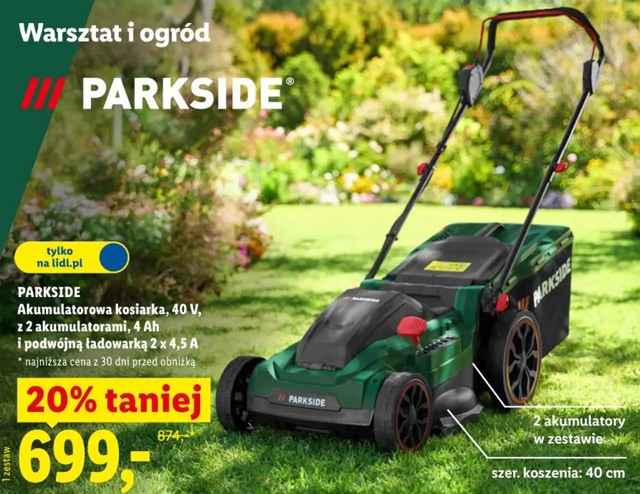 PARKSIDE Akumulatorowa kosiarka, 40 V, z 2 akumulatorami, 4 Ah i podwójną ładowarką 2 x 4,5 A