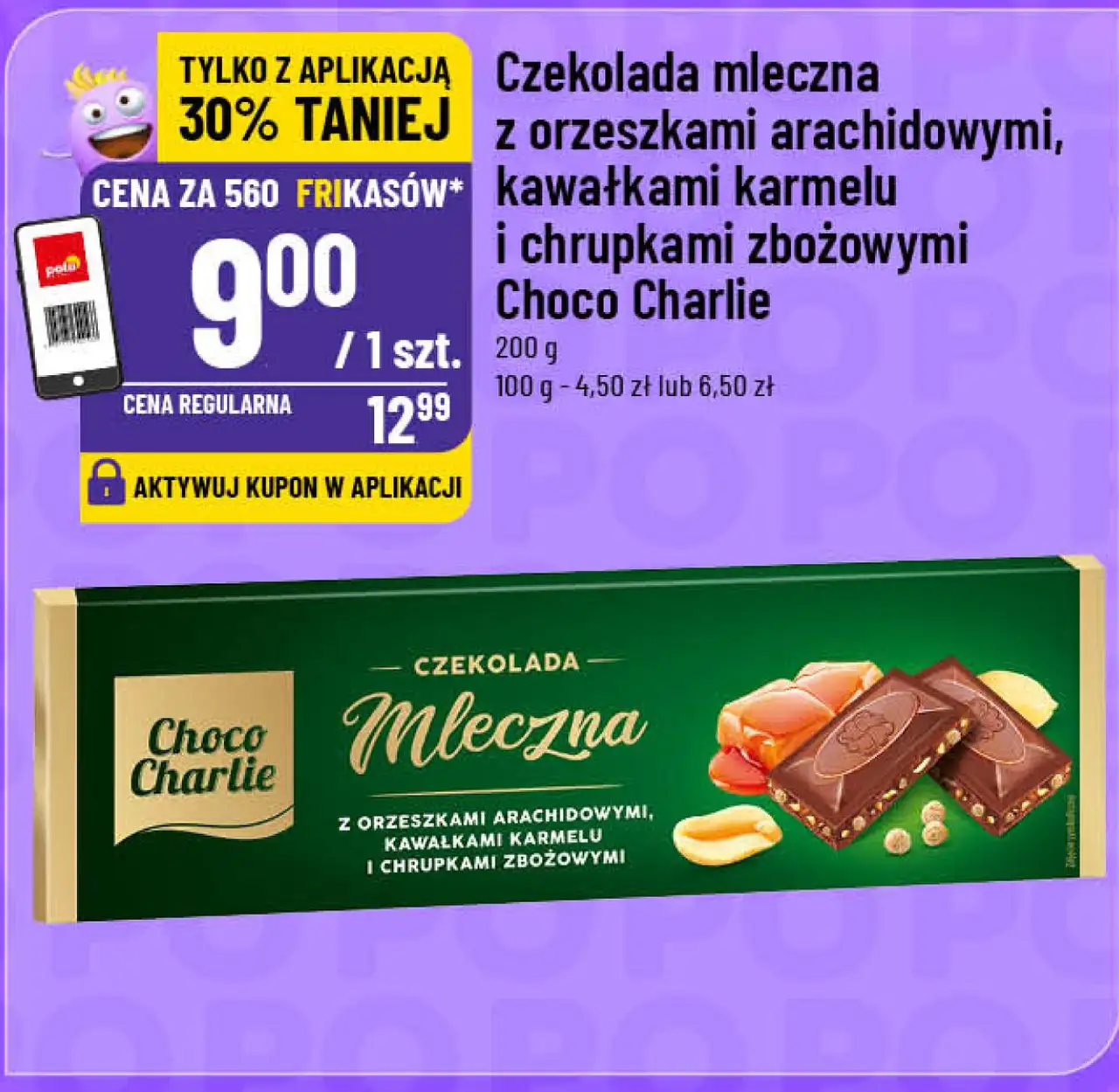 Czekolada mleczna z orzeszkami arachidowymi, kawałkami karmelu i chrupkami zbożowymi Choco Charlie