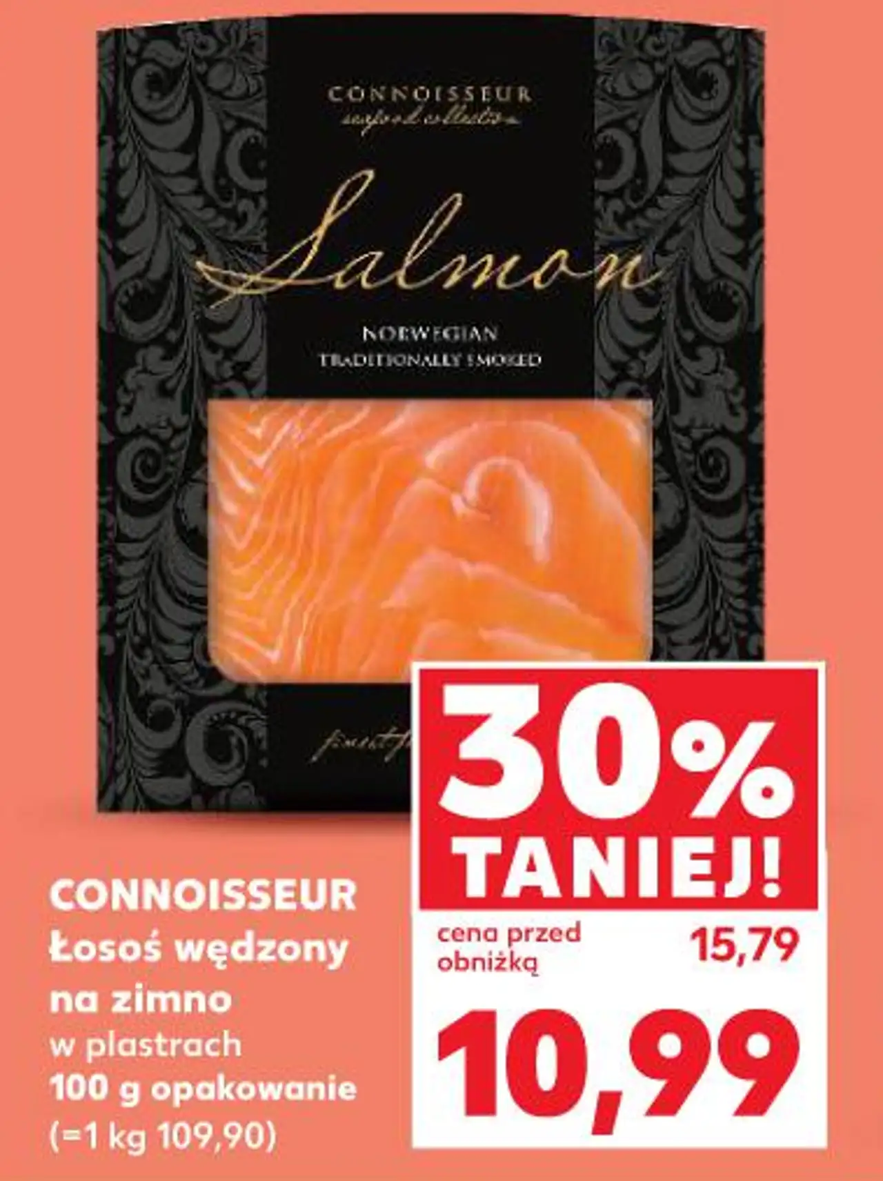 CONNOISSEUR Łosoś wędzony na zimno w plastrach 100 g opakowanie