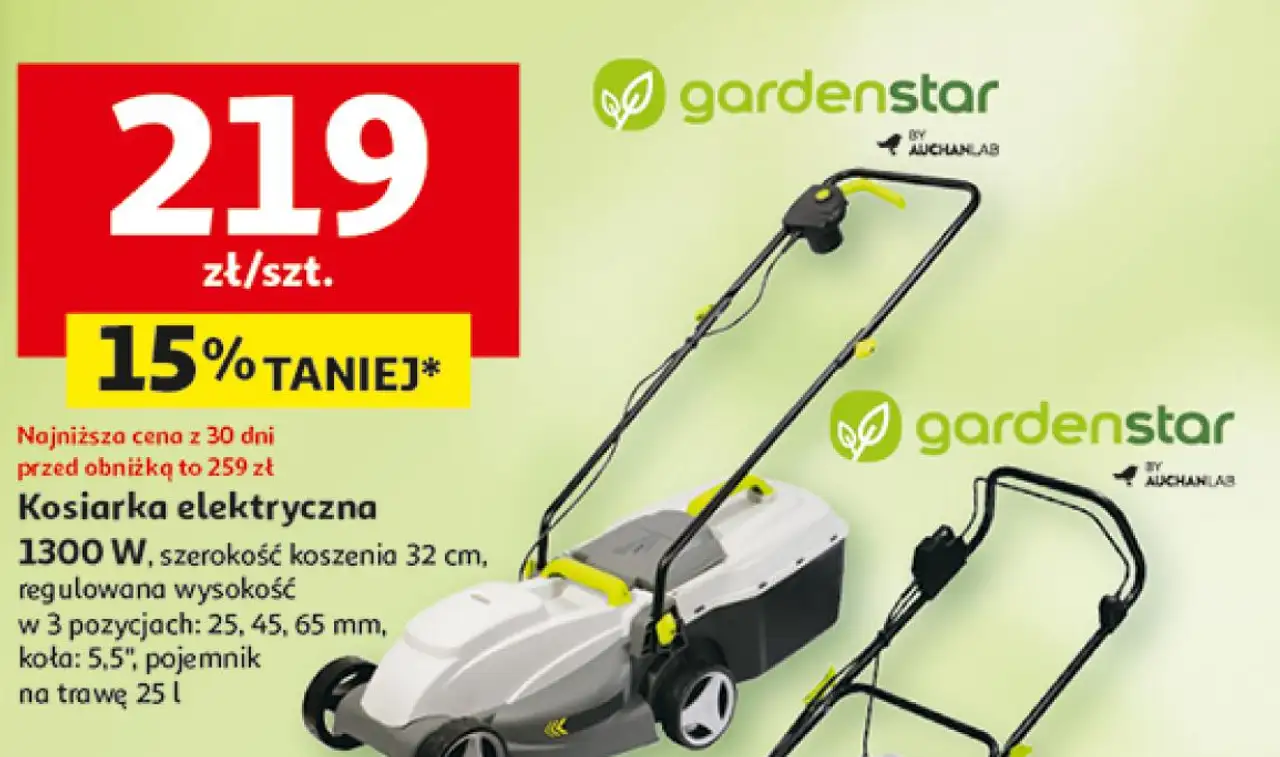 Kosiarka elektryczna Gardenstar 1300 W, szerokość koszenia 32 cm, regulowana wysokość w 3 pozycjach: 25, 45, 65 mm, koła: 5,5", pojemnik na trawę 25 l