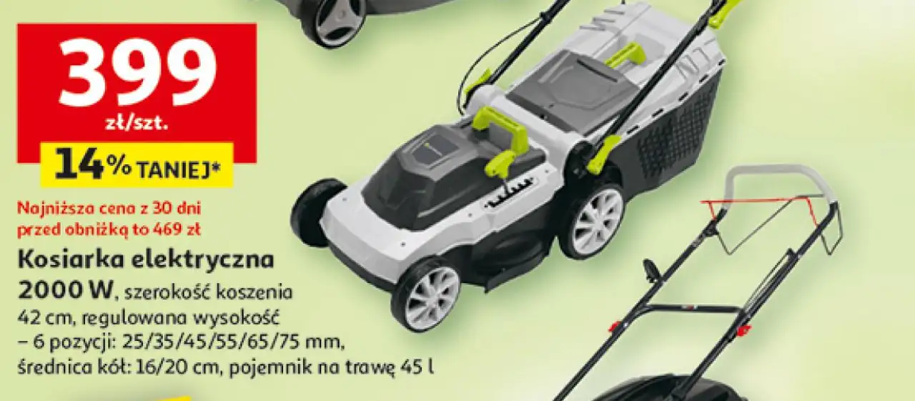 Kosiarka elektryczna Gardenstar 2000 W, szerokość koszenia 42 cm, regulowana wysokość - 6 pozycji: 25/35/45/55/65/75 mm, średnica kół: 16/20 cm, pojemnik na trawę 45 l